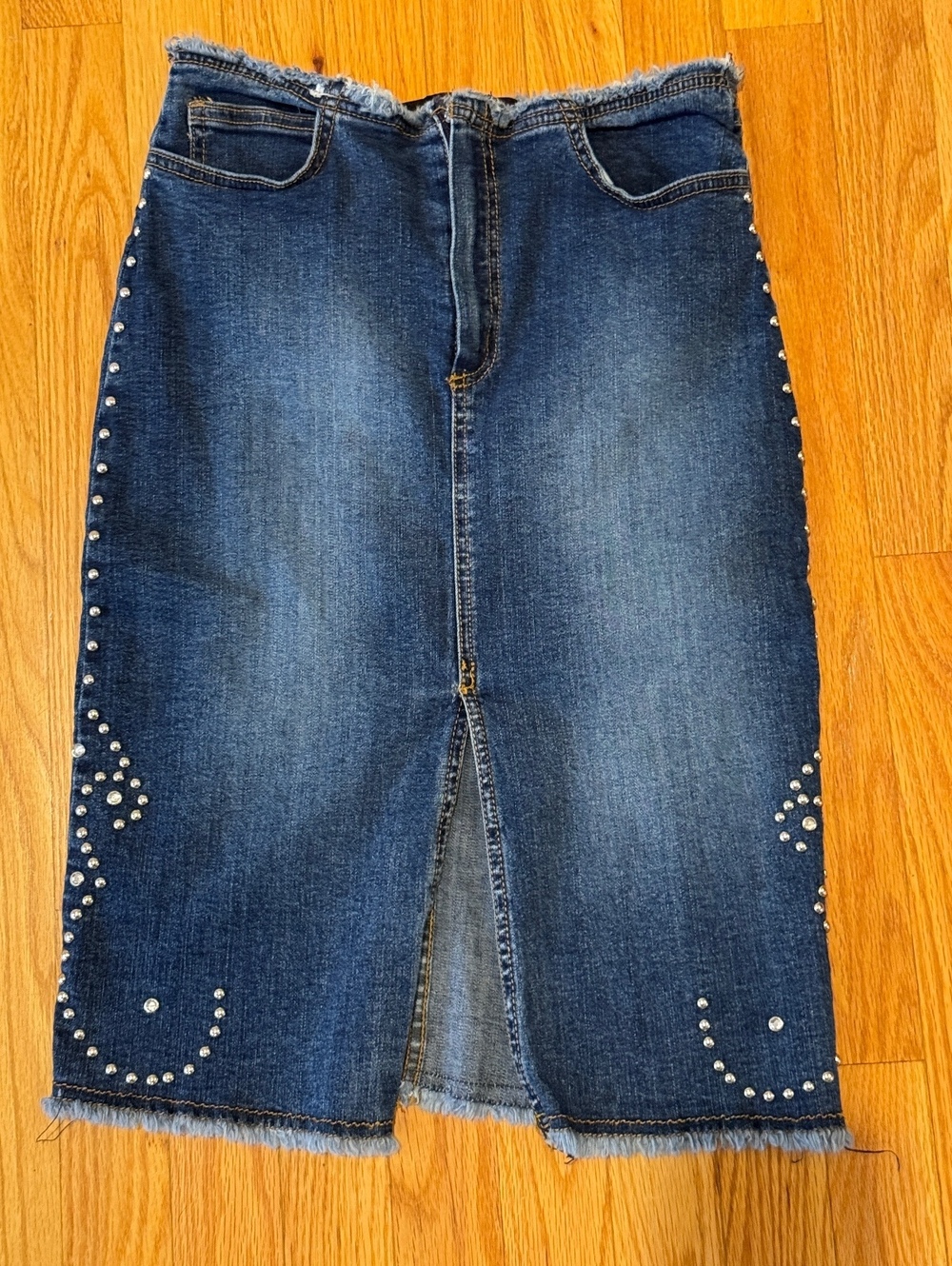 Maria Morena Y2K Studded Denim Skirt Raw Hem Made in US - Picture 3 of 7
